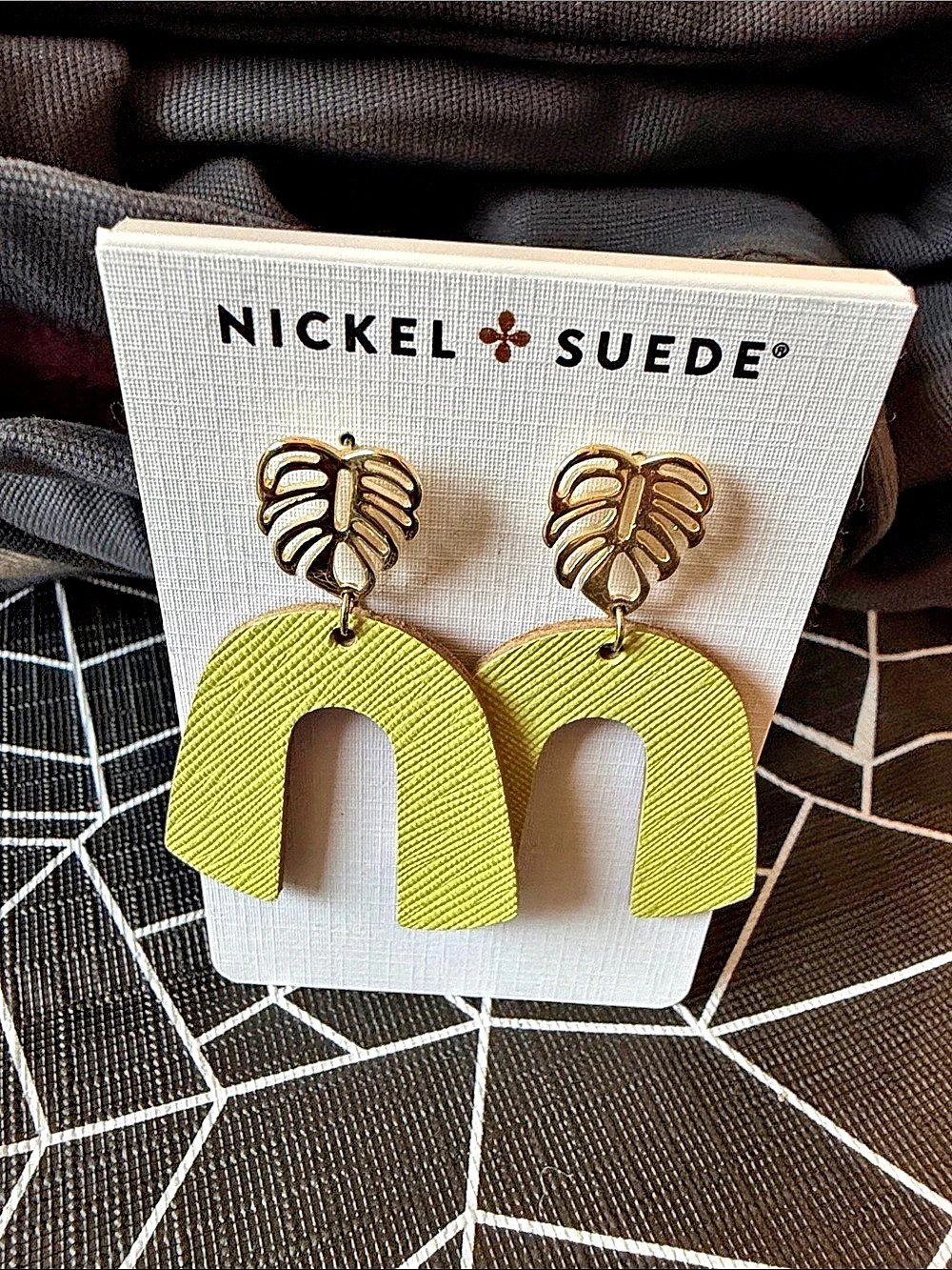 Nickel & Suede Leather Leaf Earrings in Citrus NWT